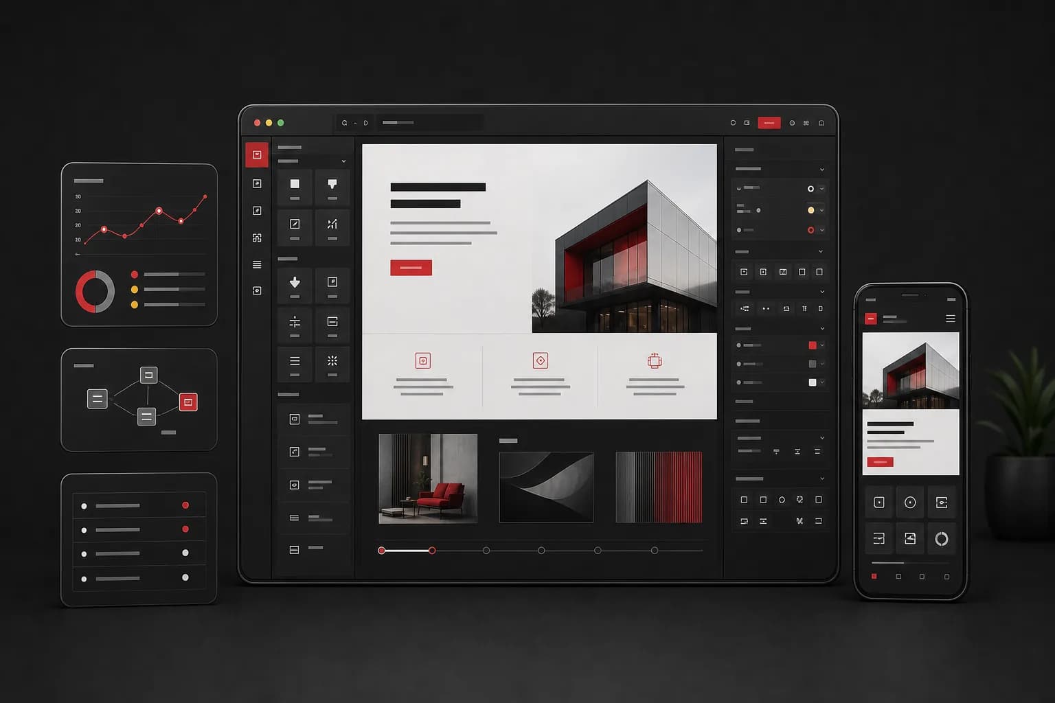 A connected suite of digital product interfaces representing Revamps services